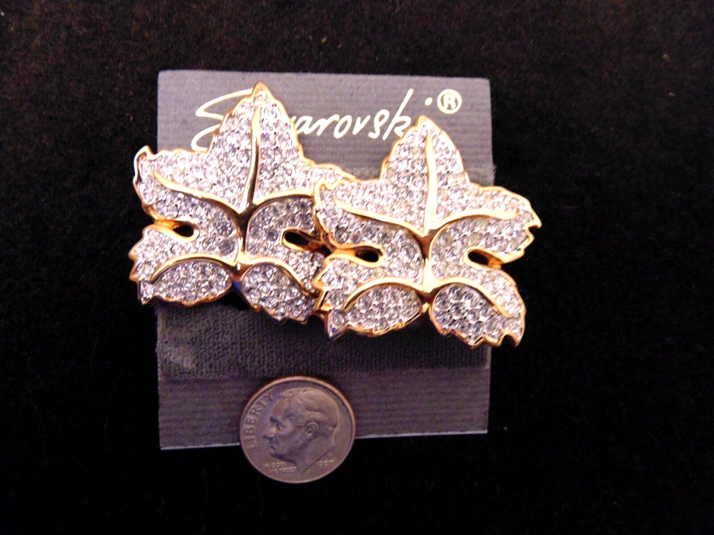NOS Vtg 80s Pave Swarovski Crystal Grape Leaf Gold Plated Clip Earrings SAL